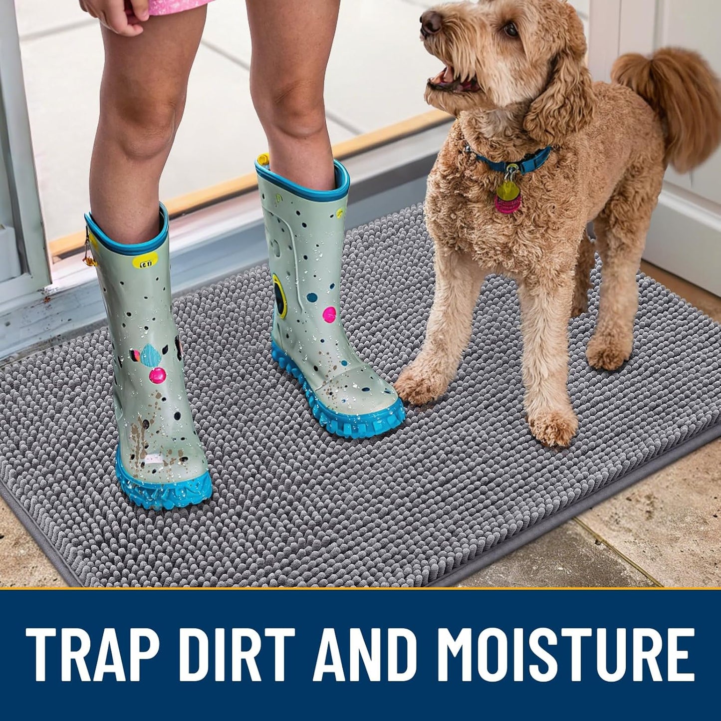 Smiry Dog Door Mat for Muddy Paws 40x24, Absorbs Moisture and Dirt Doormat, Non-Slip Washable Quick Dry Chenille Front Door Mat Indoor Entrance, Entryway Carpet for Inside Floor, Grey