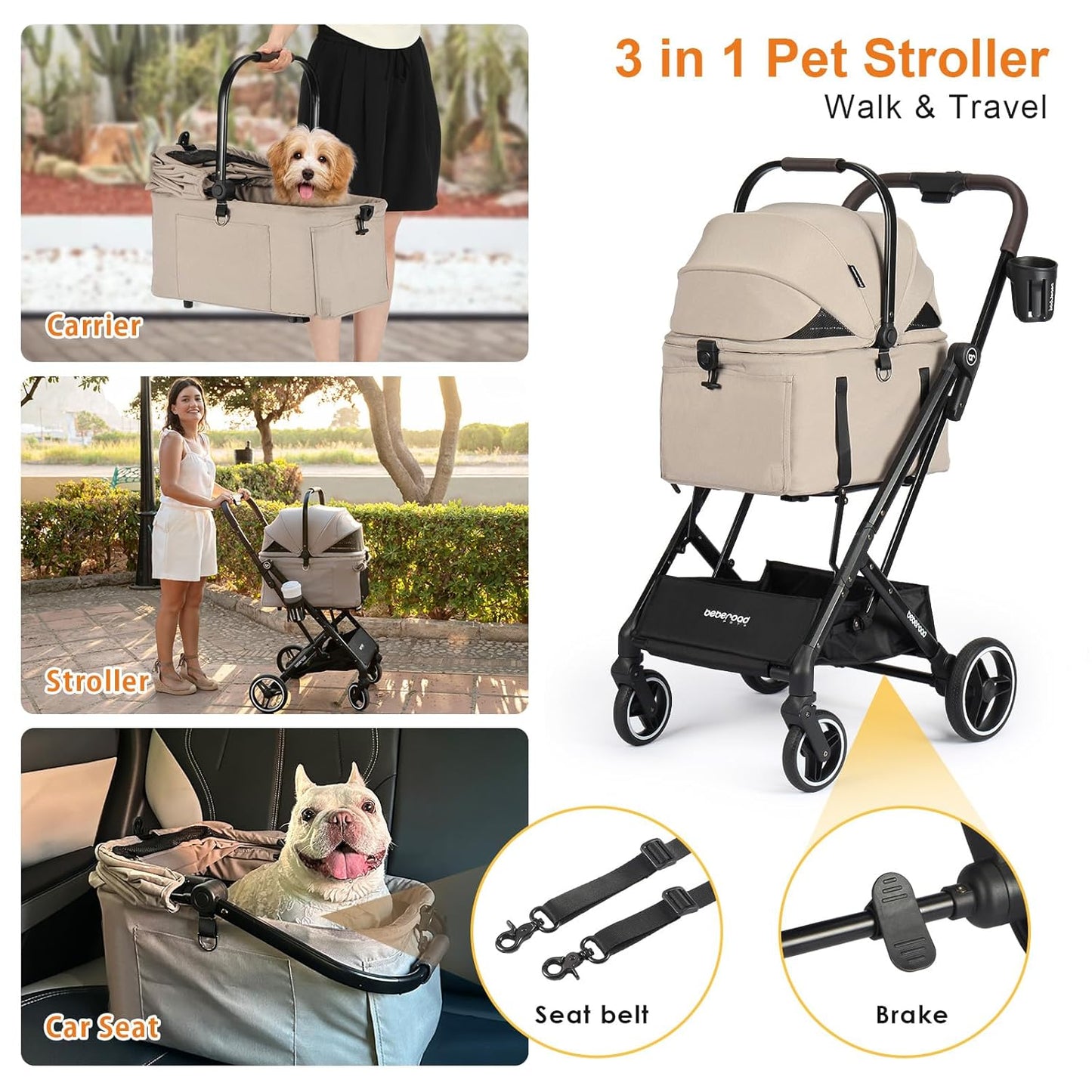 X2 Pet Stroller, Dog Cat Stroller for Small Pets Under 44lbs, Equipped with Detachable & Foldable Carrier, Waterproof Pad & Sunshade Canopy,Camel (Camel)