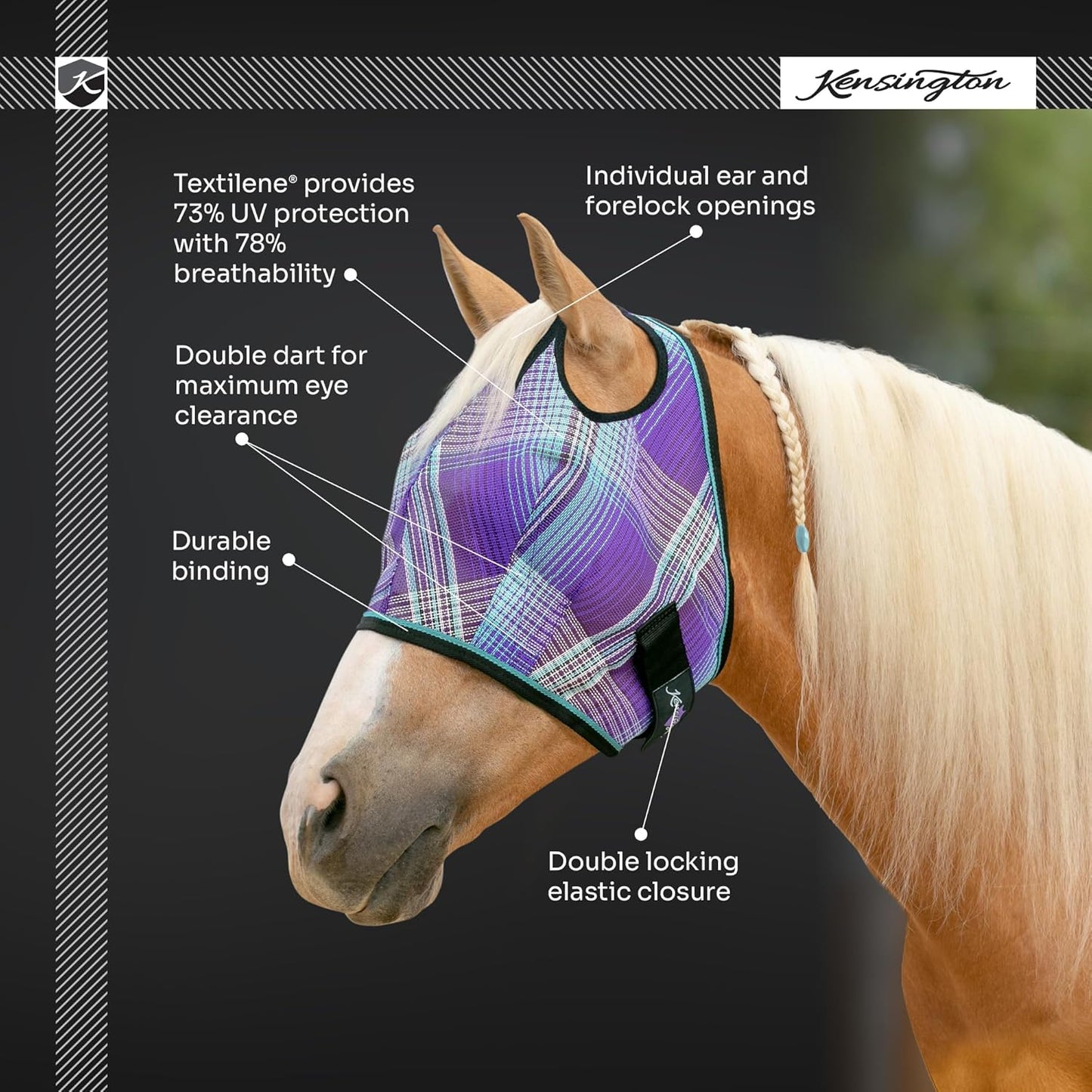 Kensington UV Horse Fly Mask with Web Trim - Protective Mask with Dual Ear Opening & Forelock Freedom - Medium, Lavender Mint