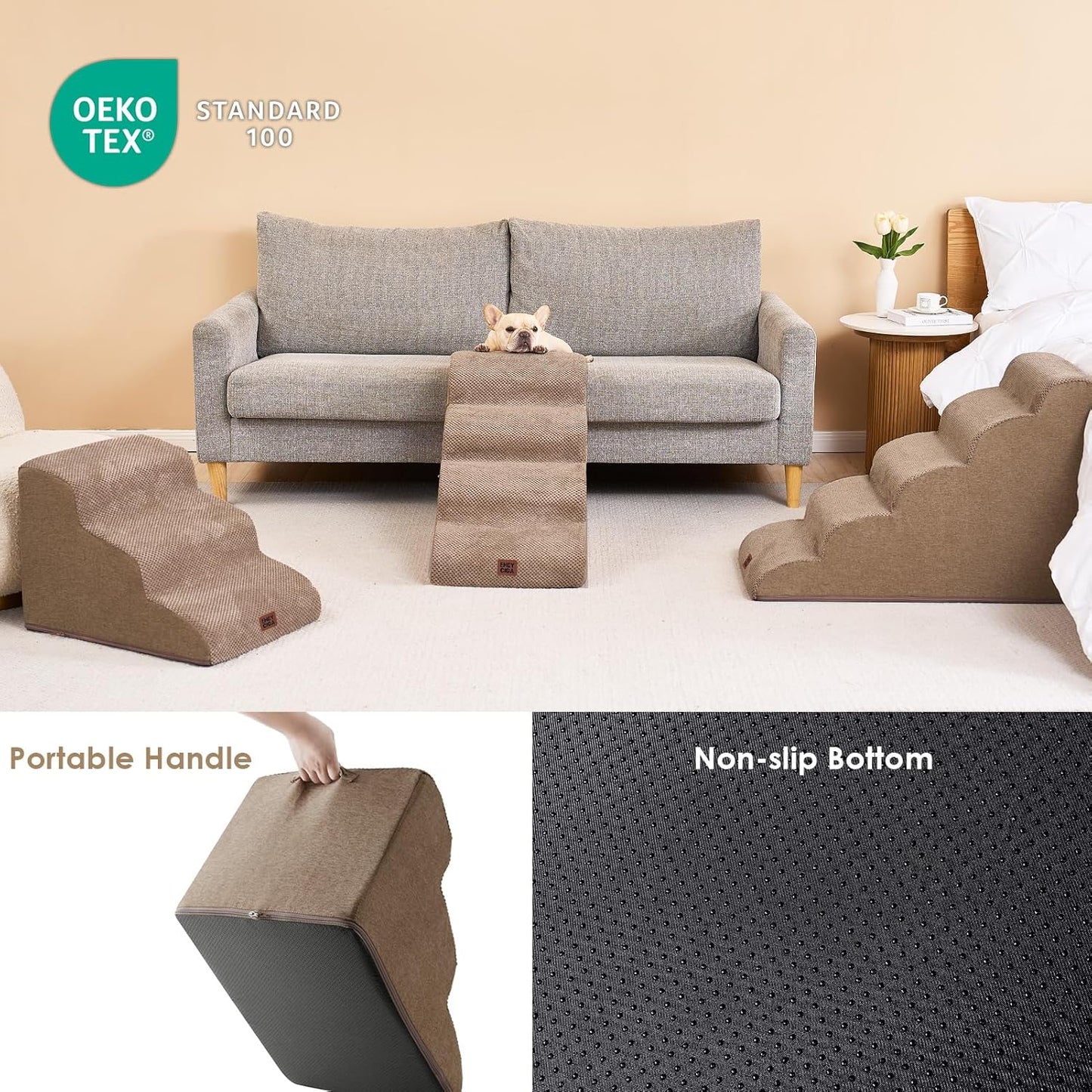 EHEYCIGA Curved Dog Stairs Ramp for High Beds 19.7" H, 4-Step Dog Steps for Small Dogs and Cats, Pet Stairs for High Bed Climbing, Non-Slip Balanced Pet Step Indoor, Camel