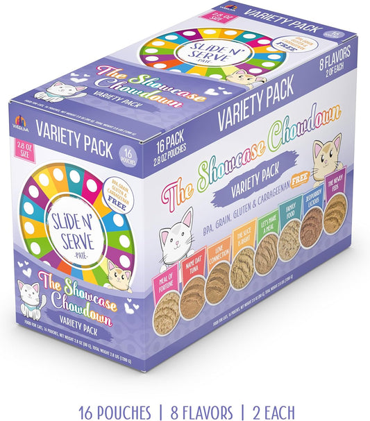 Weruva Slide N' Serve Paté Wet Cat Food, The Showcase Chowdown Variety Pack, 2.8oz Pouch, Pack of 16