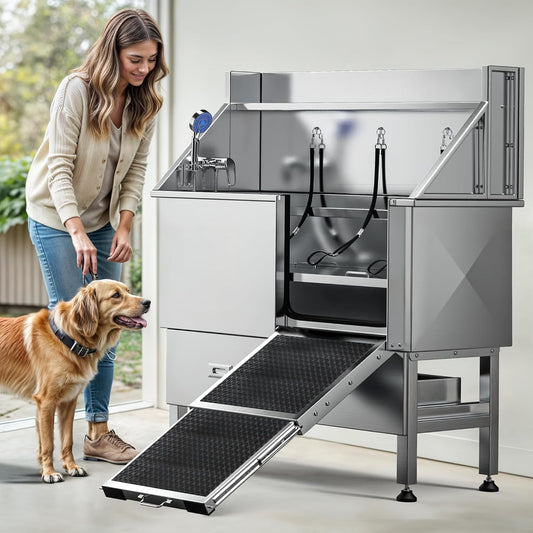 DWVO Professional Dog Bathing Station Stainless Steel 304 Dog Bathtub 50in for Grooming w/Left Door Ramp, 2 Storage Drawers, Faucet, Grate, Pet Washing Station for Large, Medium, Small Pets