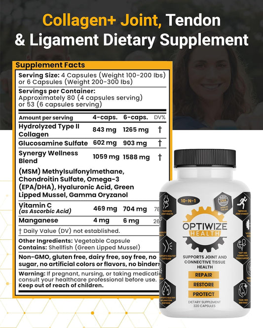 10-in-1 Joint Support Hydrolyzed Collagen,MSM, Hyaluronic Acid, Glucosamine,Chondroitin & More- Targets Joint Discomfort, Improves Mobility & Flexibility 320 Caps for Men & Women Made in USA