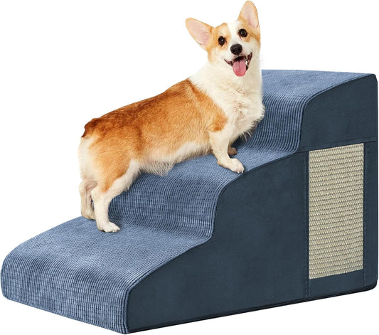 Pet Stairs for Small Dogs - 3-Step Curved Dog Ramp for Bed, Couch, Sofa, Car and Chairs - Non-Slip Bottom Design - High Density Foam Portable Pet Step - Navy