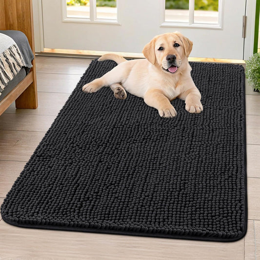 Smiry Dog Door Mat for Muddy Paws 40x32, Absorbs Moisture and Dirt Doormat, Non-Slip Washable Quick Dry Chenille Front Door Mat Indoor Entrance, Entryway Carpet for Inside Floor, Black