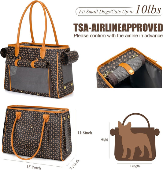 Minsong Fashion Pet Carrier Purse for Small Cat and Dog, Luxury Pu Soft-Sided Tote Bag with Large Pockets for Dogs and Puppies (Coffee, 15.8" L x 7.5" W x 11.8" H)