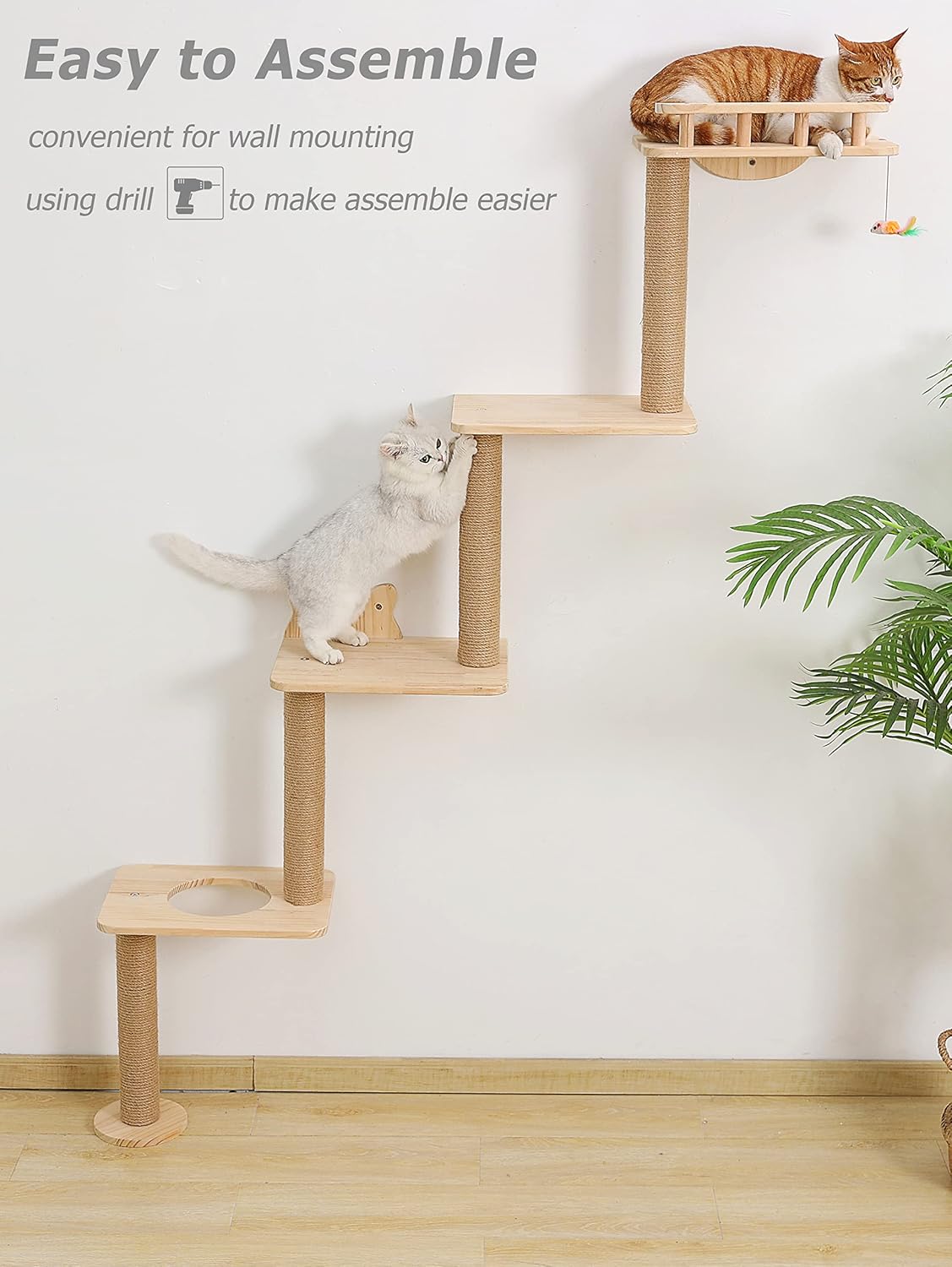Cat Tree Wall Mounted with 4 Levels Shelves, 73" Wood Corner Tower Inside Kitten Playground for Climbing,Playing and Lounging (Left to Right)