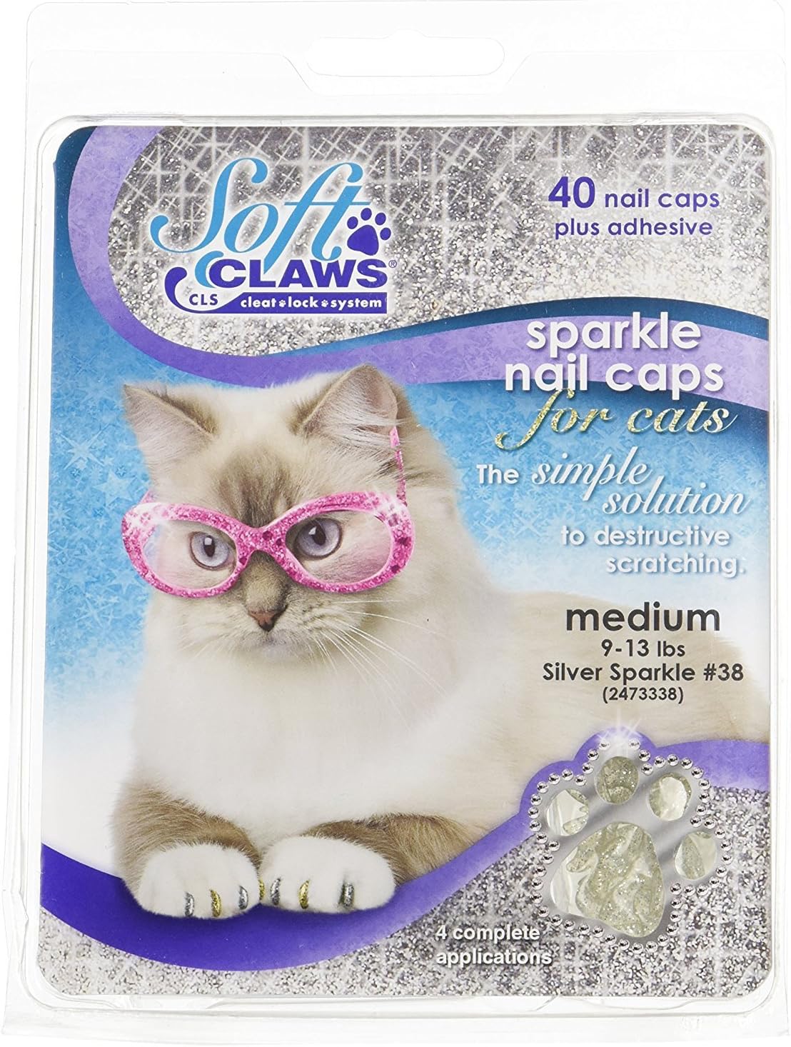 Soft Claws Nail Caps for Cats with Cleat Lock System - 40-Pack Cat Claw Caps for 4-6 Weeks of Protection - Long-Lasting Cat Scratch Deterrent for Furniture - Silver Sparkle, Medium