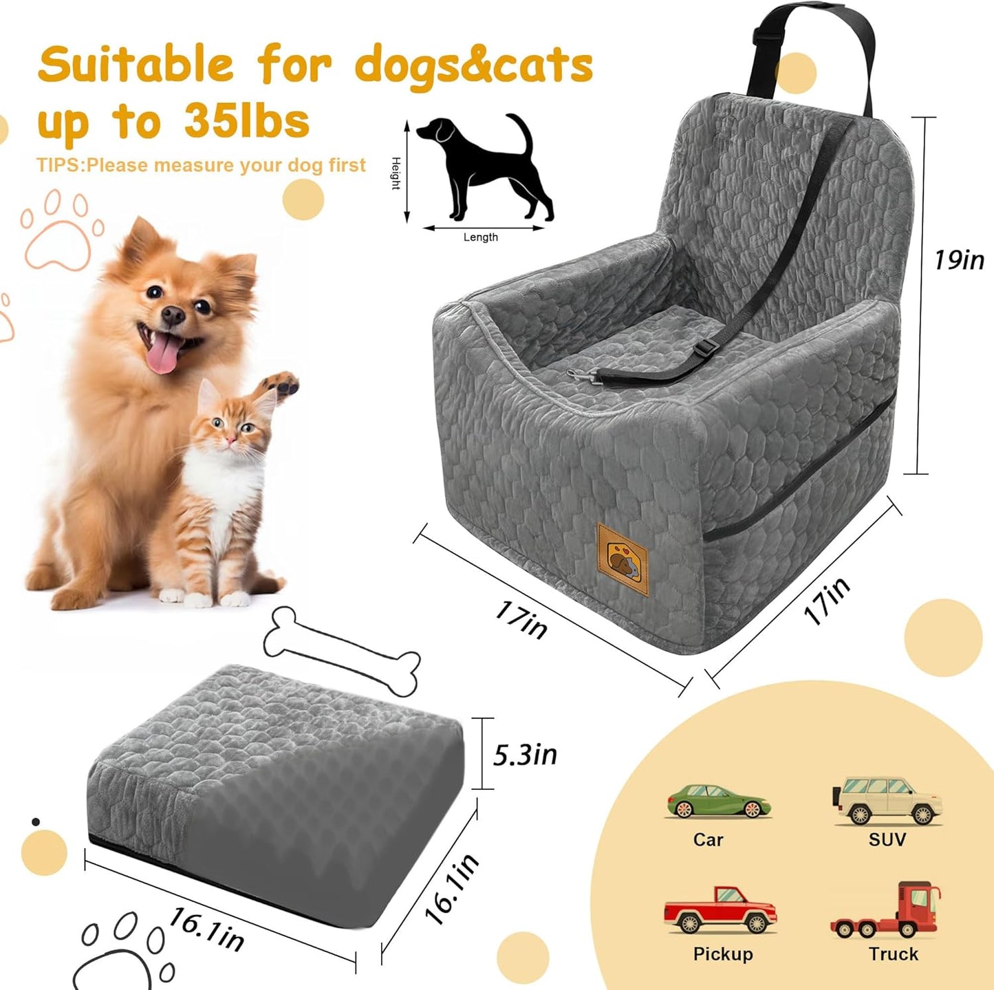Dog Car Seat for Small/Medium Dogs, Memory Foam Dog Booster Seat, Travel Safety Per Car Seat with Washable Removable Cover, Storage Pockets for Dogs up to 35 lbs(Gray)
