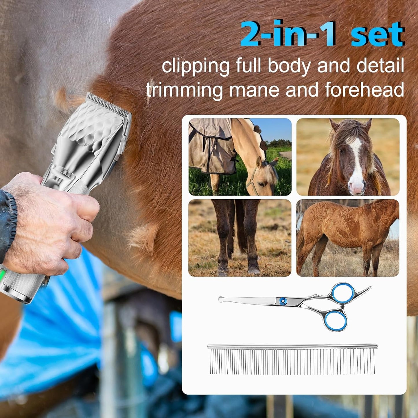 Horse Clippers, Cordless Trimmers Grooming Kit with 2500mAh Battery，Low Noise Heavy Duty Body Clipping Machine with LED Display, Suitable for Horse, Cattle, Cat, Dog with Thick/Tangled Coat
