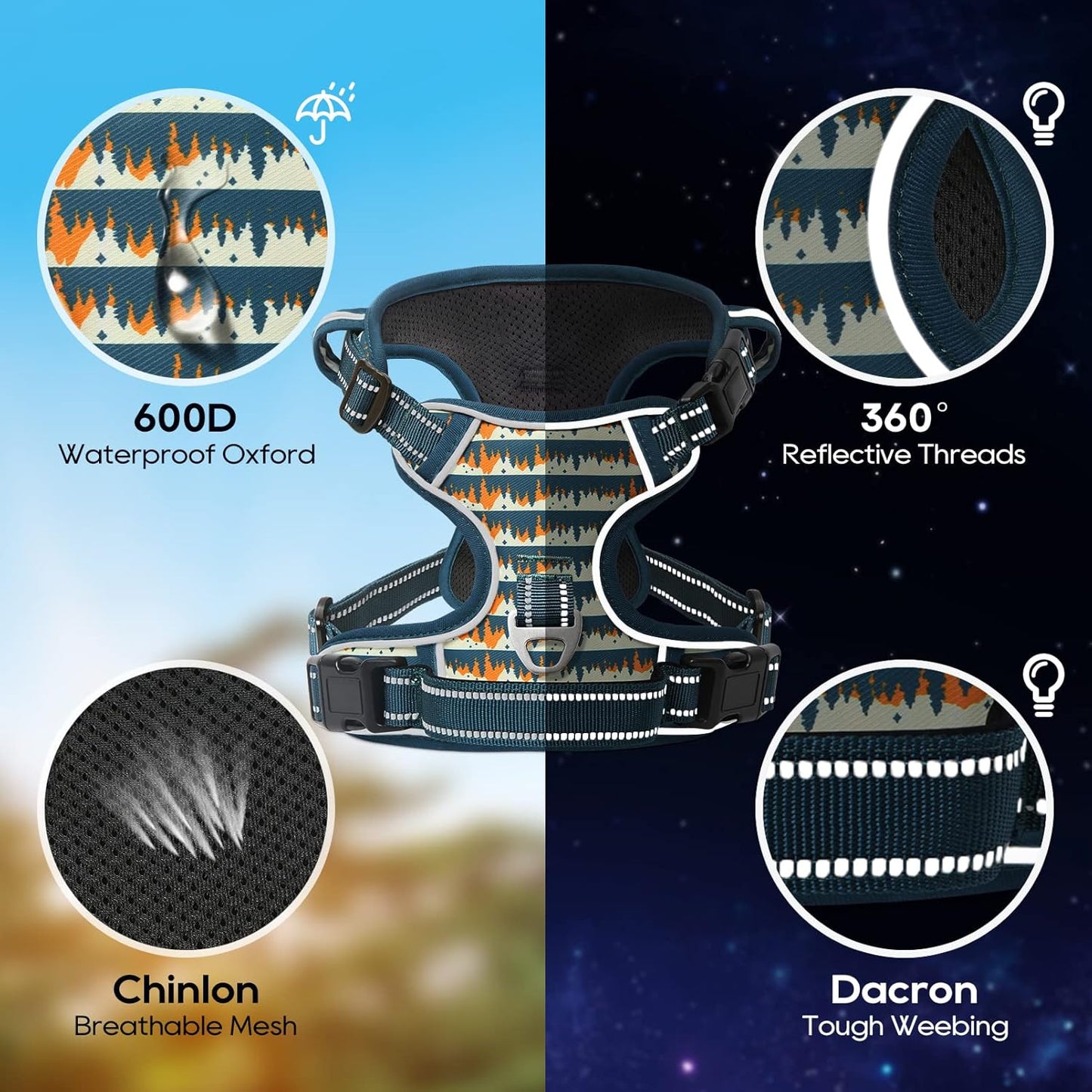 Timos No Pull Dog Harness, Release at Neck Reflective 3 Snap Buckles Adjustable No Choke Pet Vest with Front & Back 2 Leash Clips, Soft Padded Control Training Handle for Small Medium Large Dogs