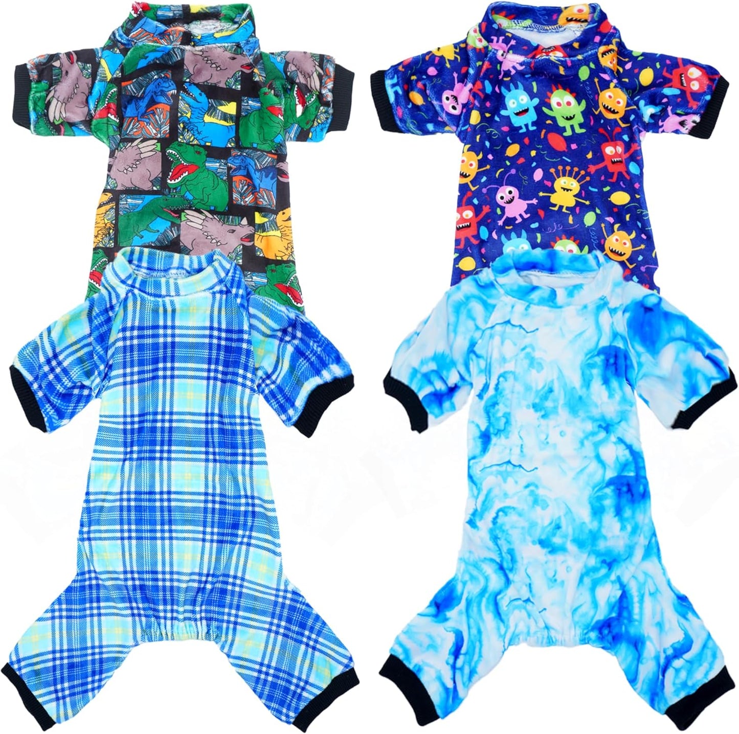 PET SHOW 4 Pack Small Dog Pajamas Cute Dinosaur Monster Clothes for Medium Dogs Soft Stretchy PJs Plaid Jumpsuit Puppy Cats Tie Dye Onesies Outfits with Sleeve Pets Dachshund Costume(S, Blue for Boys)