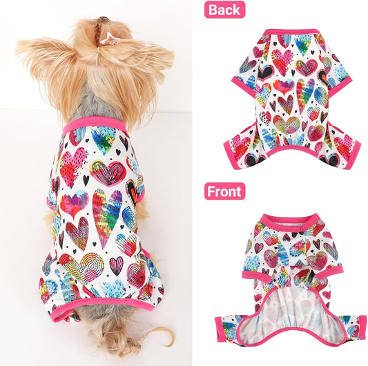 Dog Pajamas Small Sized Dogs Stretchable Summer Dog Clothes Pjs 4 Legs Girl Boy Cute Soft Puppy Outfits Doggie Cat Jammies Jumpsuit Sleeper for Pet (Love Heart, X-Small)