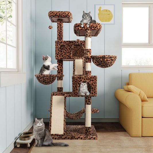 MUTICOR 66 Inches Multi-Level Large Cat Tree Tower for Indoor Big Feline/Cozy Plush Perches/Condo/Sisal Scratching Posts/Hammock and Baskets/Activity Center Play House/Wide Base/Leopard Print