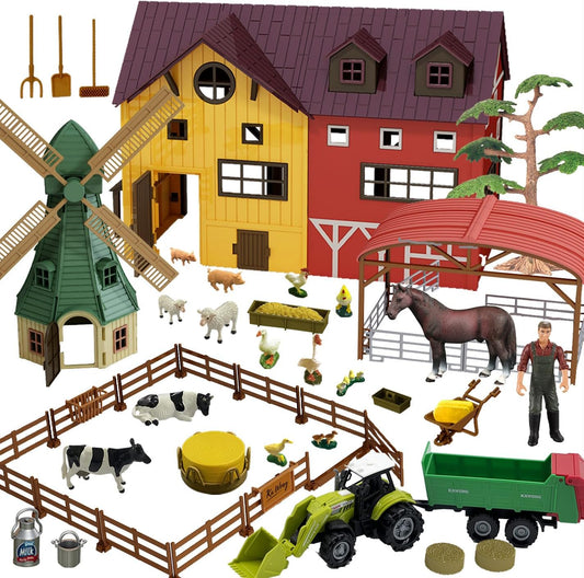 Farm Animals Figurines Toys -140 pcs Toy Set Barn Toy Horse Stable Tractor Trailer Windmill Farmer Fence Playset for Kids Toddlers Boy Girl 3-7 Years Old