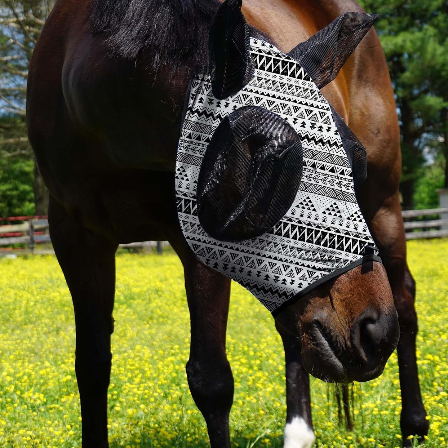 Harrison Howard Super Comfort Stretchy Fitting Horse Fly Mask with UV Protection Soft on Skin with Breathability Doodle Aztec Pony