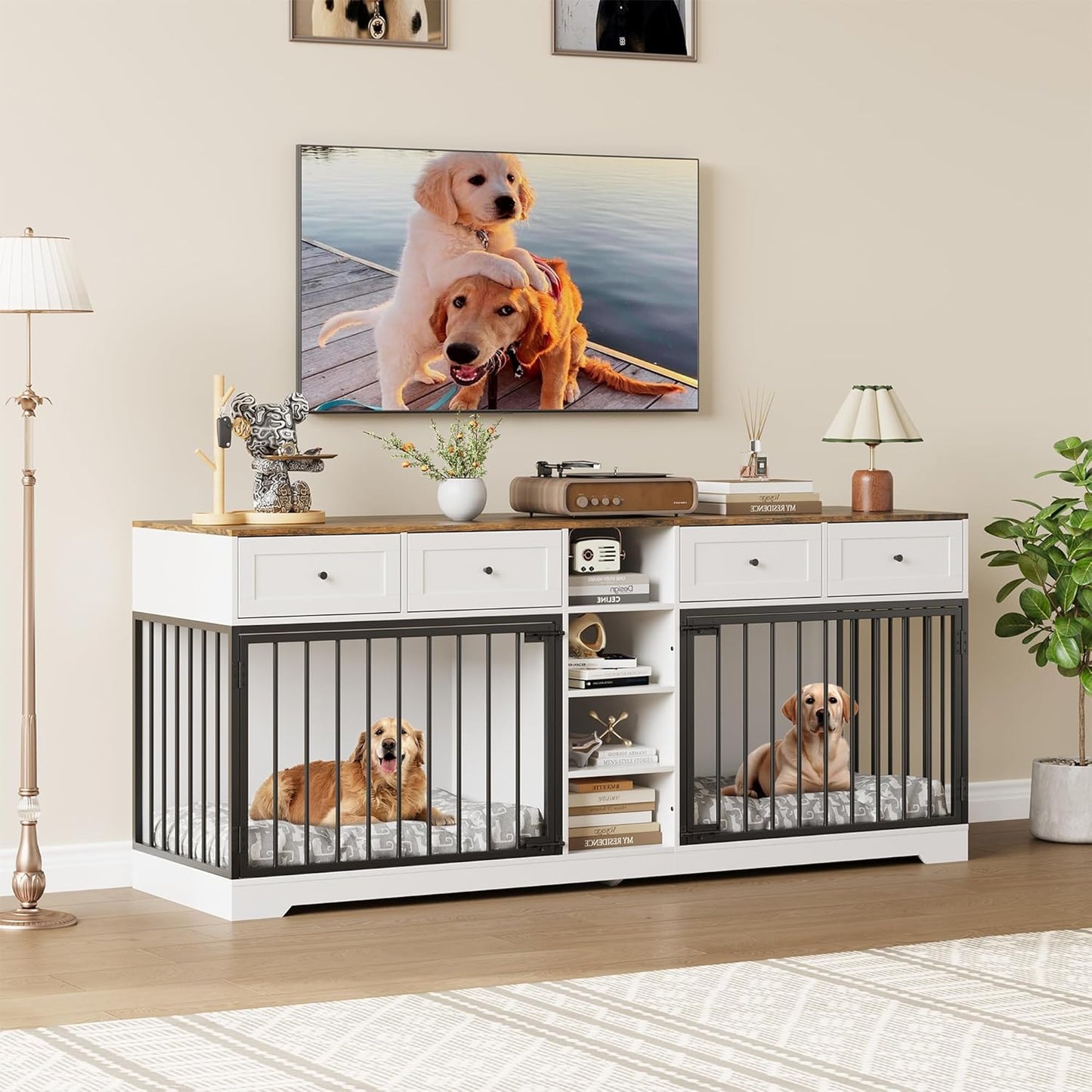GarveeHome 82" Double Dog Crate Furniture, Large Dog Kennel Indoor for 2 Dogs, Heavy Duty Wooden Dog Crate TV Stand with 4 Drawers and Shelves, White/Brown