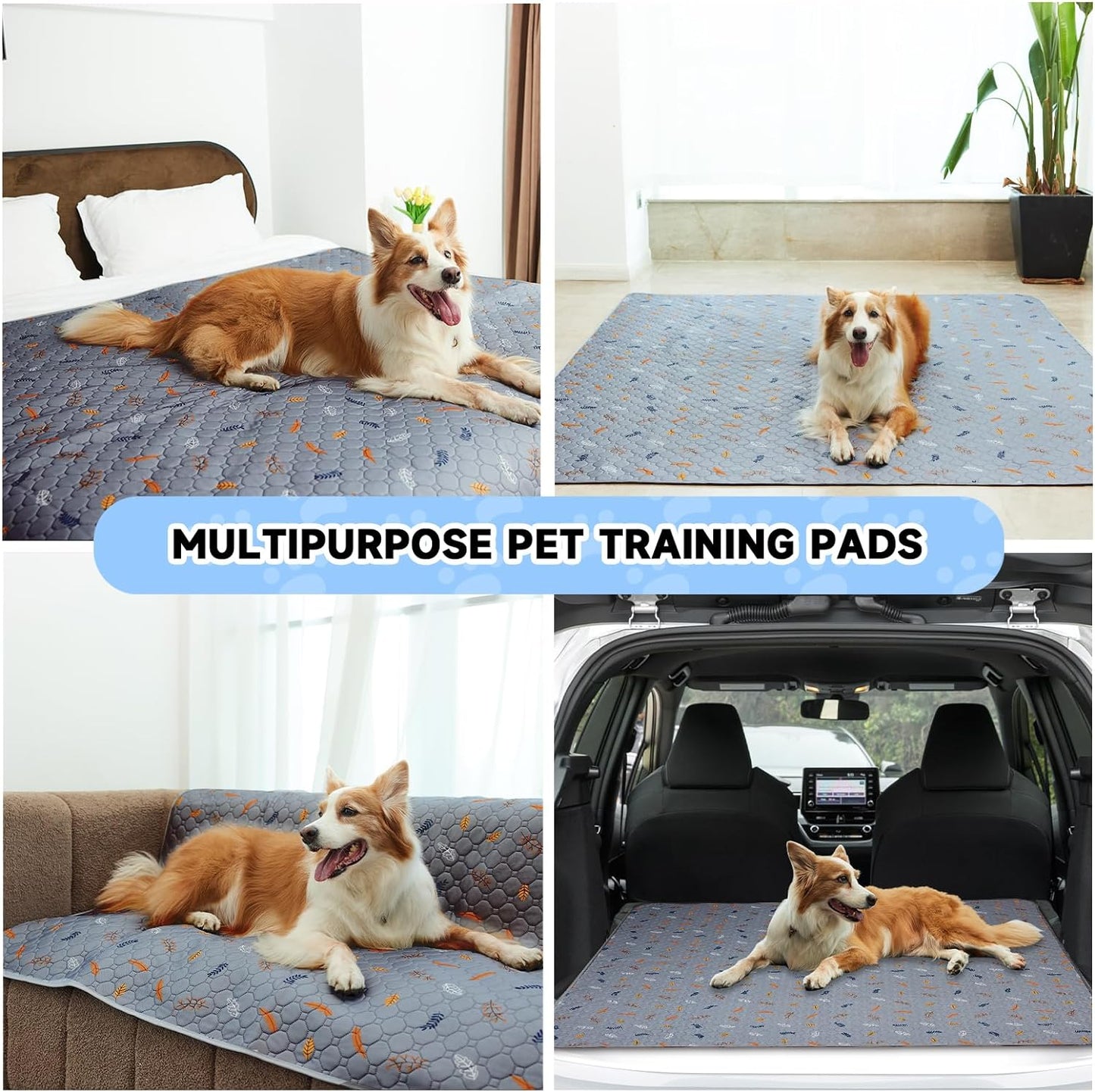 Sunheir Washable Pee Pads for Dogs Extra Large 36" x 48" 2-Pack Reusable Puppy Pads Pet Training Pads, Whelping Pad, Non-Slip Protects Against Urine Leakage (Leaves - Light Grey, 36x48)