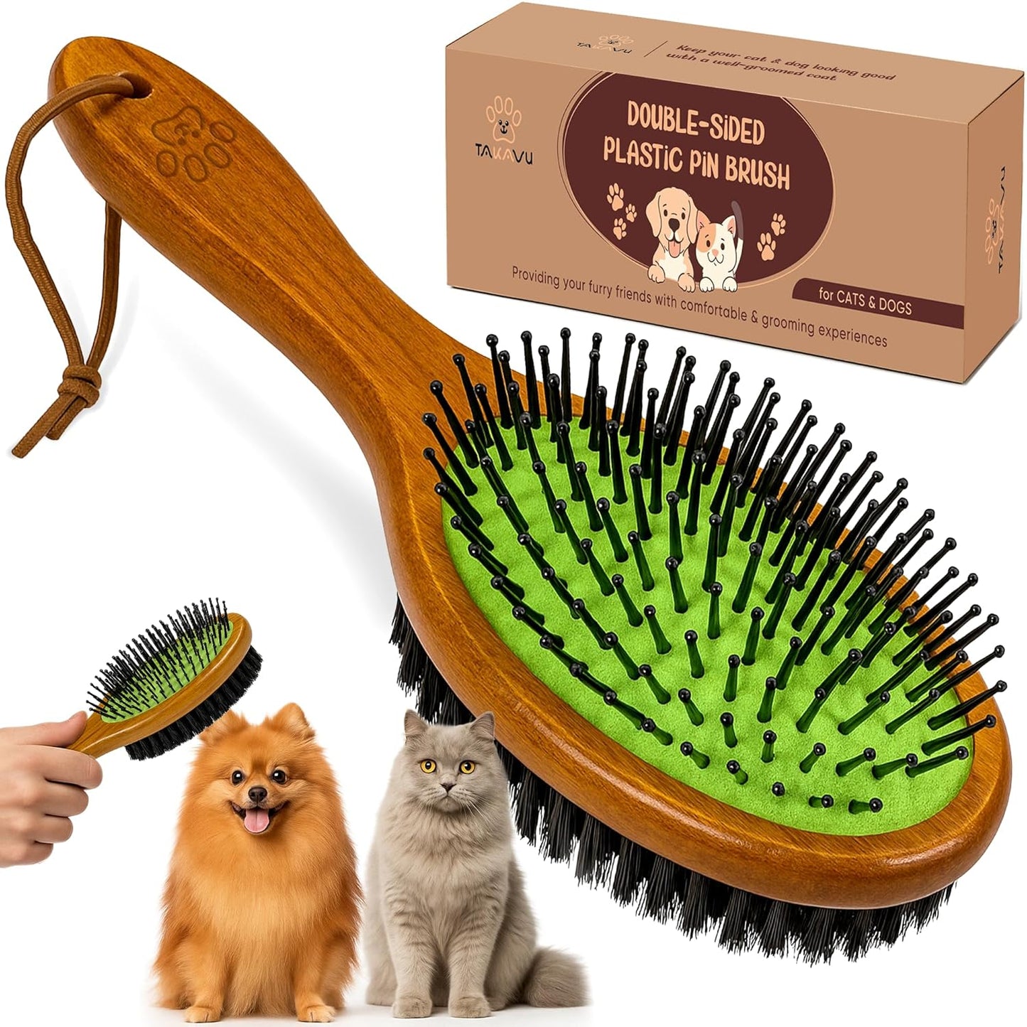 TAKAVU Pin & Bristle Pet Brush for Dogs & Cats - Double Sided Grooming Tool Detangles, Removes Loose Hair & Conditions Coat - Wood Handle