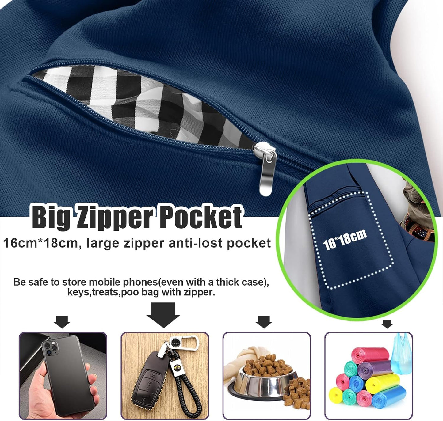 Tomkas Small Dog Sling Carrier - Zipper Pocket & Adjustable Strap - for 3-10 lbs Pets(Dark Blue)