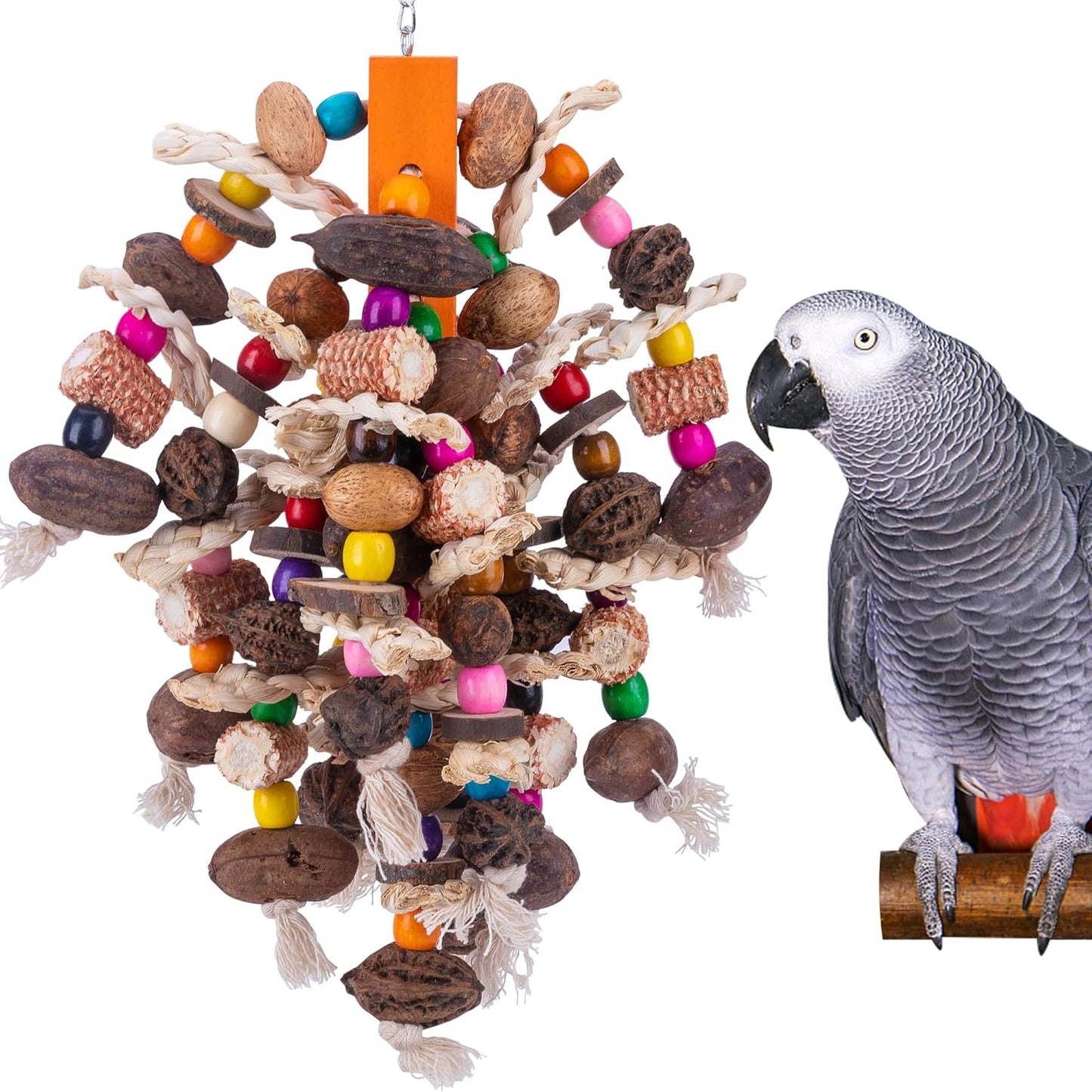 Deloky Large Parrot Bird Chewing Toys, Natural Nuts Corn Parrot Tearing Toy, Wooden Bird Cage Toy for African Grey, Macaws Cokatoos, Amazon Parrots and Other Large Birds