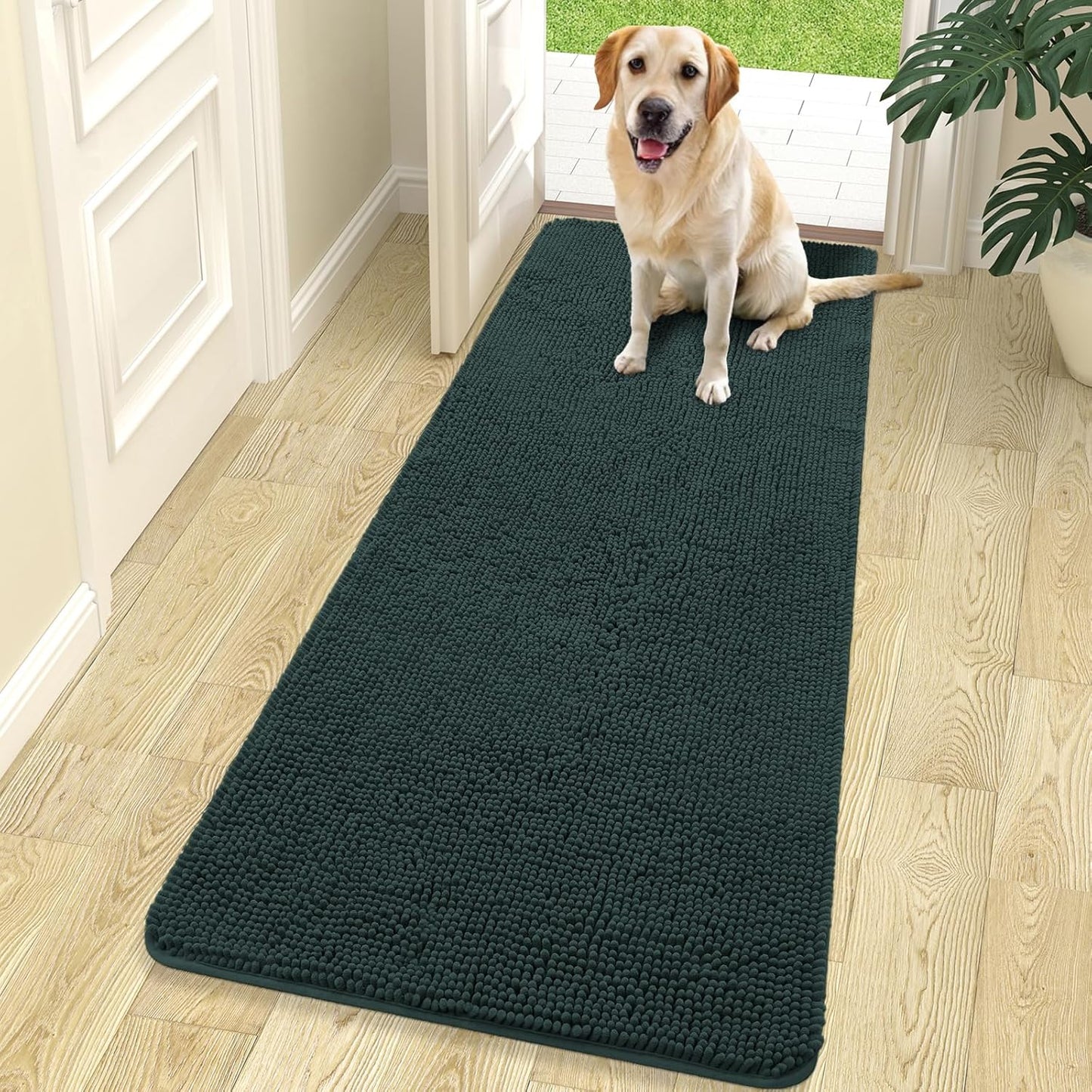 OLANLY Dog Door Mat for Muddy Paws 70x24, Absorbs Moisture and Dirt, Absorbent Non-Slip Washable Doormat, Quick Dry Chenille Mud Mat, Entry Indoor Entryway Carpet for Inside Floor, Blackish Green
