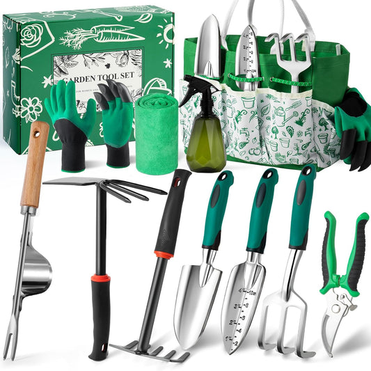 Garden Tool Set for Women, 12pcs Heavy Duty Gardening Tools, Cute Gardening Supplies Gifts for Women Mom, Garden Hand Tools with Fashion Organizer Handbag, Garden Tools for Gardening, Planting, Green