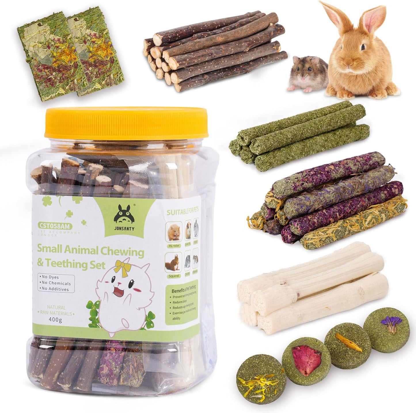 50-60 PCS Natural Rabbit Chew Toys, Treats, Timothy Sticks, Apple Sticks, Sweet Bamboo for Guinea Pig, Hamster, Chinchilla, Rat, Small Animals