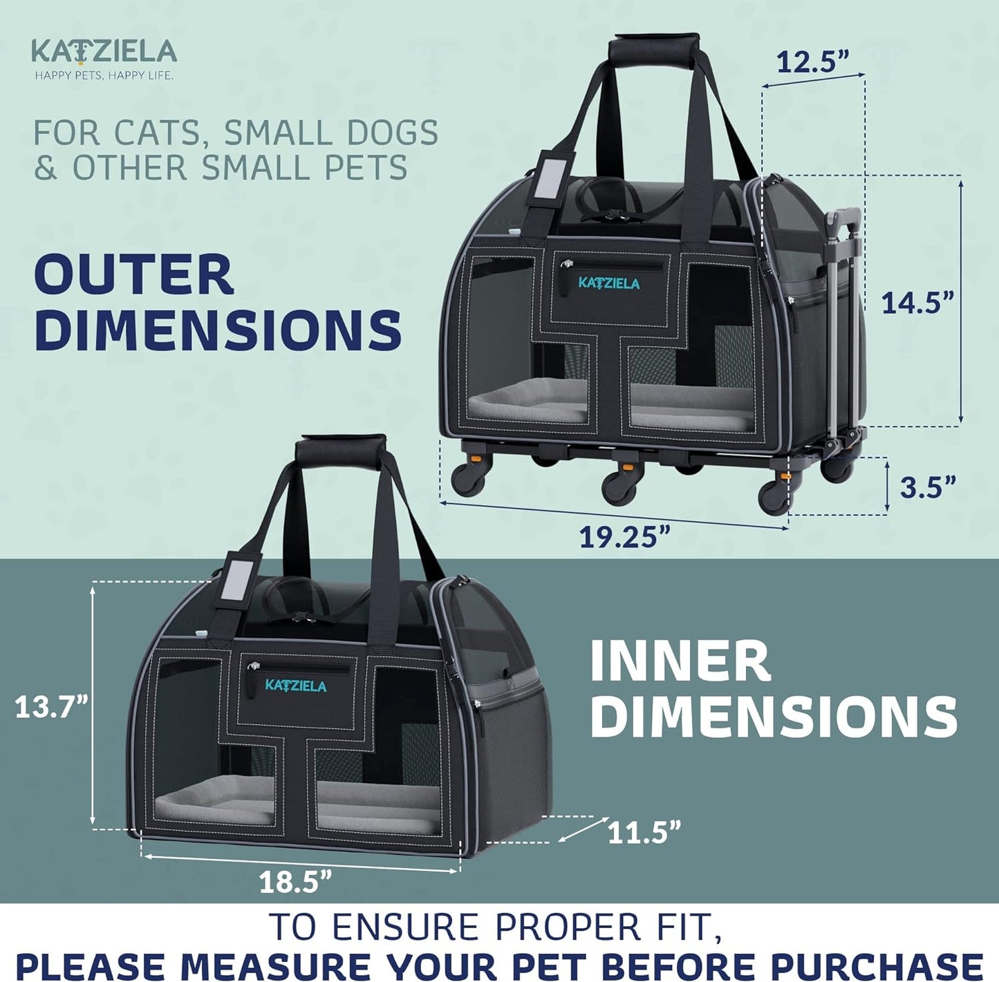 Katziela Rolling Pet Carrier Airline Approved - Pet Carrier with Wheels - Luxury Lorry - Deluxe TSA Approved Cat Carrier with 6 Wheels - Small Airline Approved Dog Carrier Trolley - Plane Carry On Bag