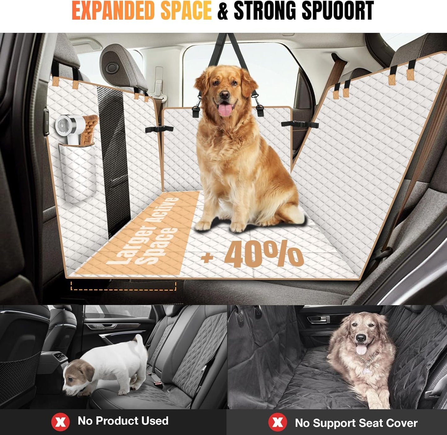 Dog Car Seat Cover for Back Seat, Dog Car Bed Cover with Strong Hard Bottom, Car Back Seat Extender Hammock for Car SUV Truck 4 Panels Beige Color