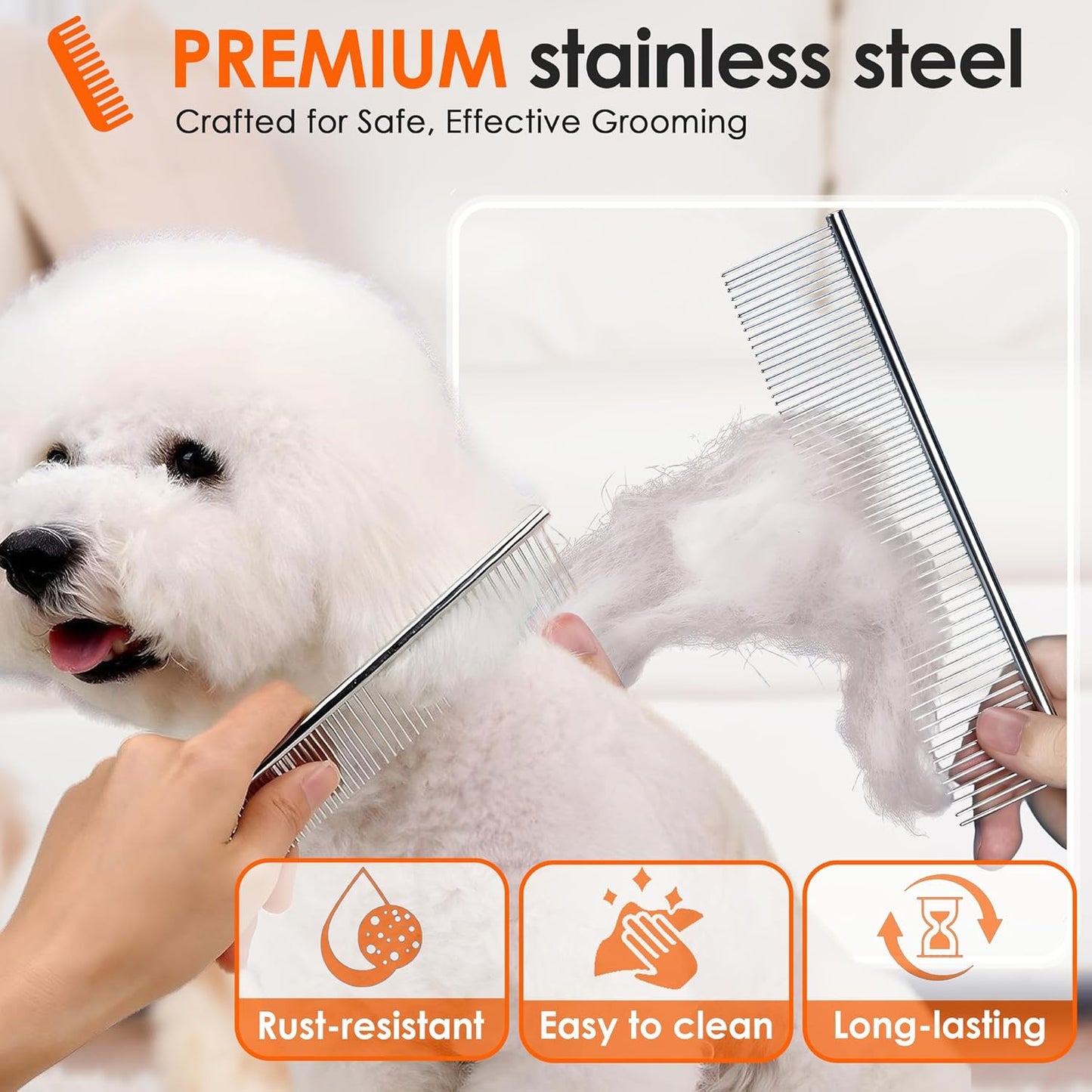 Dog Comb to Remove Tangles and Knots, Cat Comb with Stainless Steel Teeth and Non-Slip Handle, Dog combs for grooming matting for Long Haired Pets (Small)