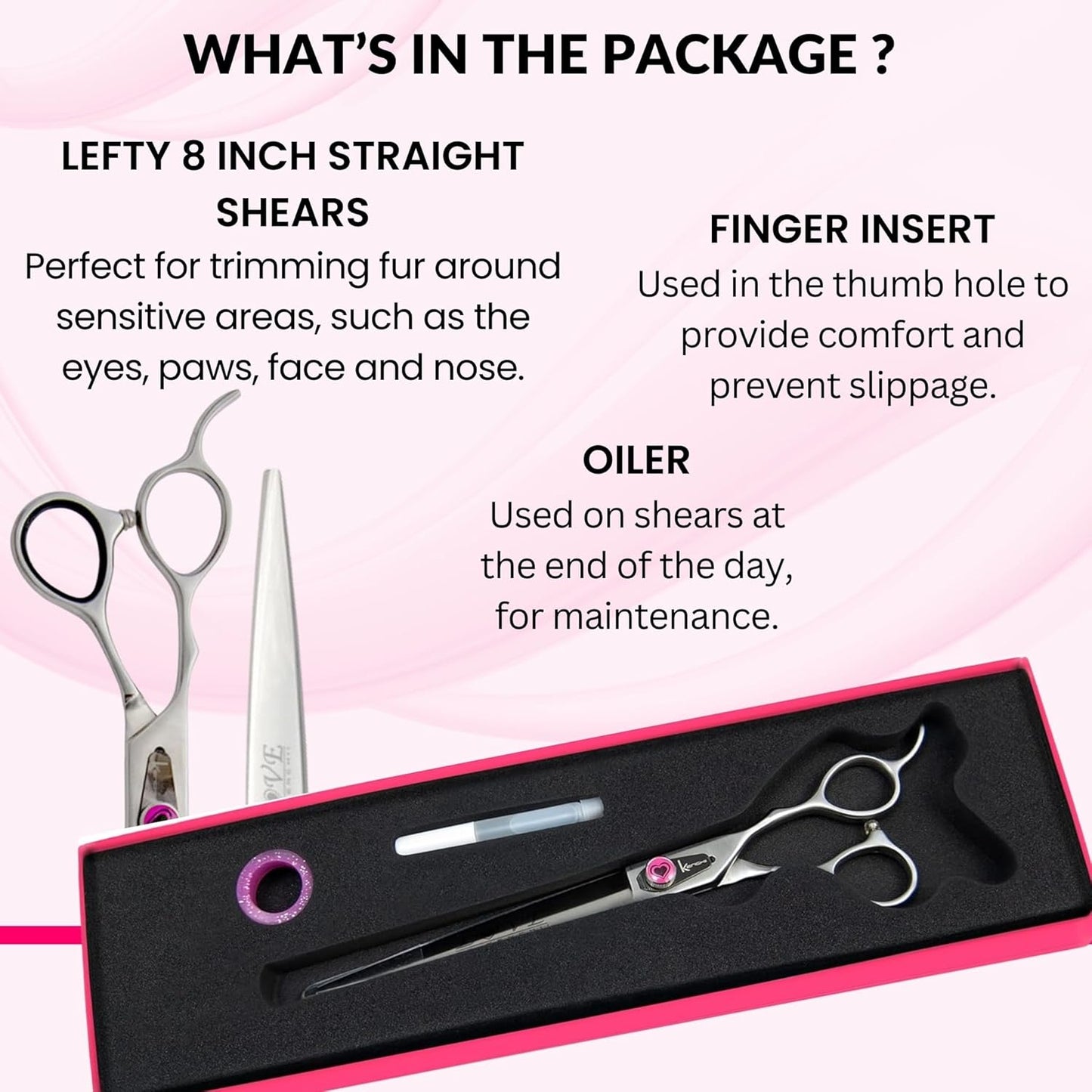 Kenchii Love Left Handed Dog Grooming Scissors, 8 Inch Straight Shears, Dog Scissors for Grooming, Professional Pet Grooming Scissors, Ergonomic & Comfortable