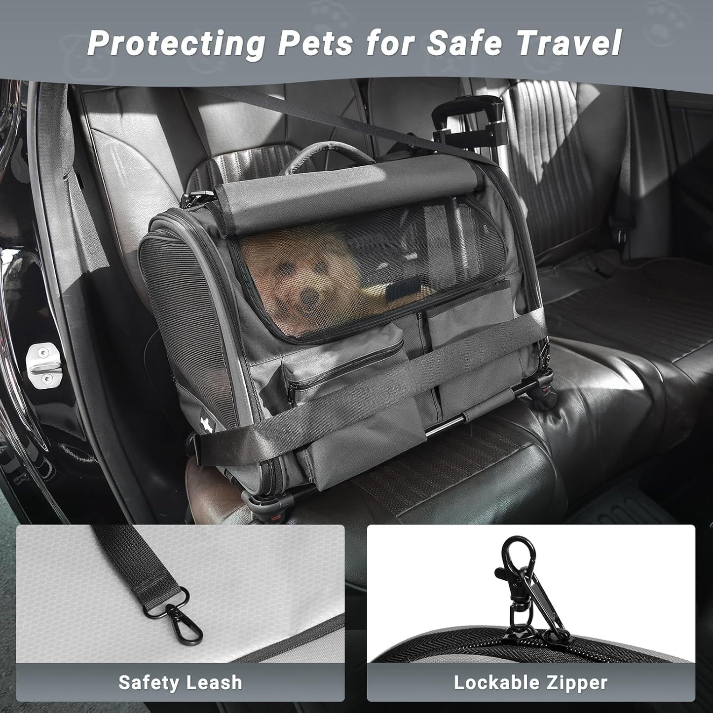 Large Pet Carrier with Wheels, Foldable Rolling Dog Carrier with Wheels and Big Pocket, Cat Rolling Bag 21"x13"x13" for 2 Cats &Dogs, for Travel, Outdoor, Vet Visits, Camping, Indoor. Gray