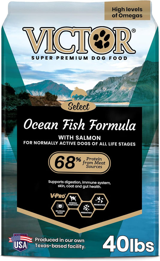 VICTOR Super Premium Dog Food – Select Ocean Fish Formula with Salmon – Omega-3 and Omega-6 Enriched Gluten-Free Dry Kibble for All Normally Active Dogs of All Life Stages, 40lbs