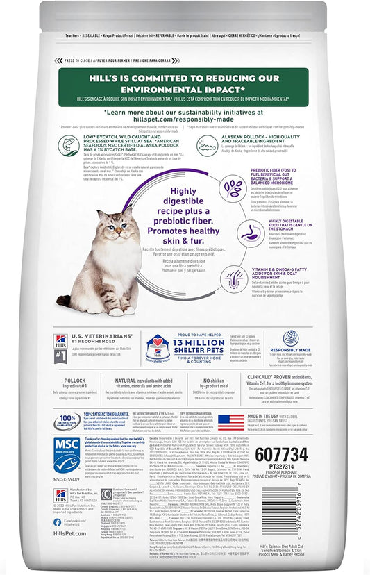 Hill's Science Diet Sensitive Stomach & Skin, Adult 1-6, Stomach & Skin Sensitivity Support, Dry Cat Food, Pollock & Barley, 3.5 lb Bag