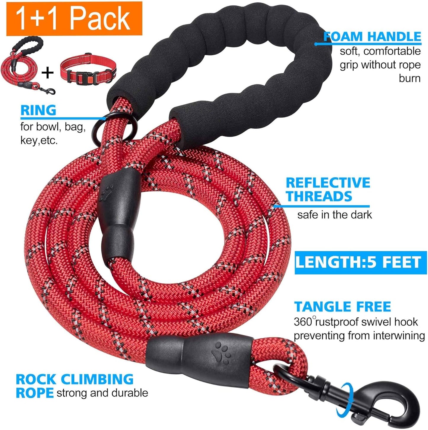 Heavy Duty Dog Leash - Comfortable Padded Handle, 5 ft Long - Dog Leashes for Small Medium Large Dogs (Leash+Collar L Neck 20"-25", Red)