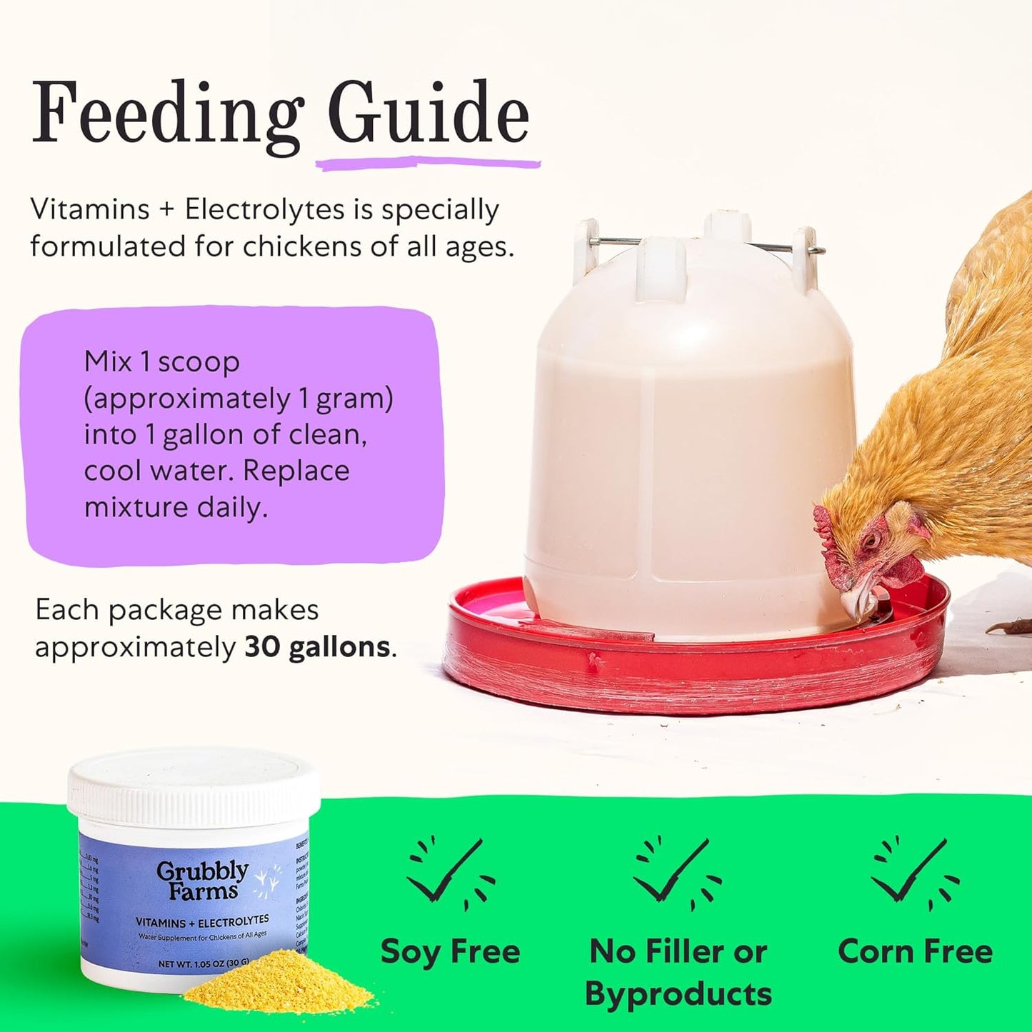 Grubbly Farms Vitamins + Electrolytes Water Supplement for Chickens (30 Day)