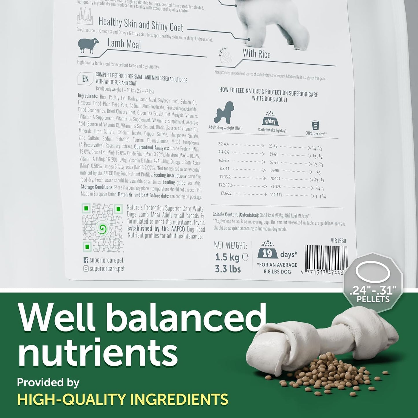 Nature's Protection Dry Dog Food for Small Breed - High Protein Tear Stain Diet for White & Light Fur Adult Dogs - Small Bites Kibble (Superior Care - Lamb and Rice, 3.3 lb)