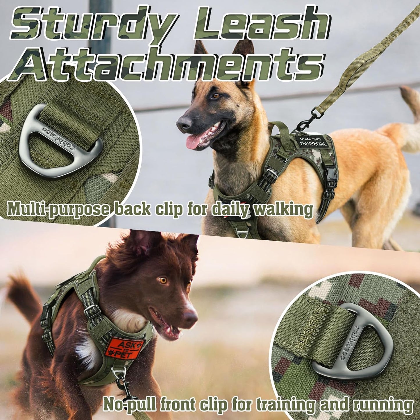rabbitgoo Tactical Dog Harness for Large Dogs, No Pull Military Service Vest with Handle & Molle, Easy Control for Training Walking, Adjustable Reflective Straps, Green camo, XL