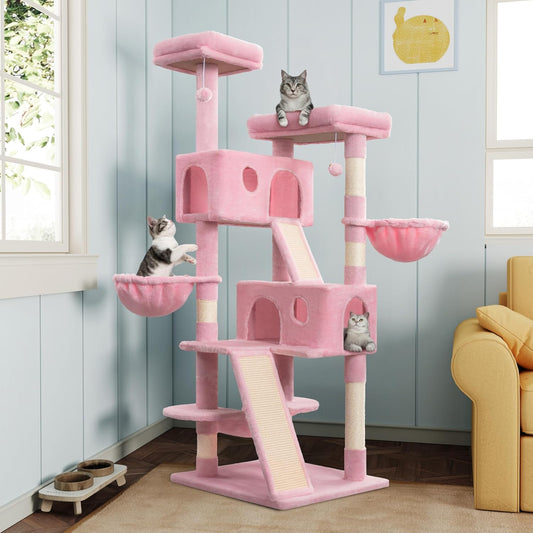 MUTICOR 66 Inches Multi-Level Large Cat Tree Tower for Indoor Big Feline/Cozy Plush Perches/Condo/Sisal Scratching Posts/Hammock and Baskets/Activity Center Play House/Wide Base/Pink