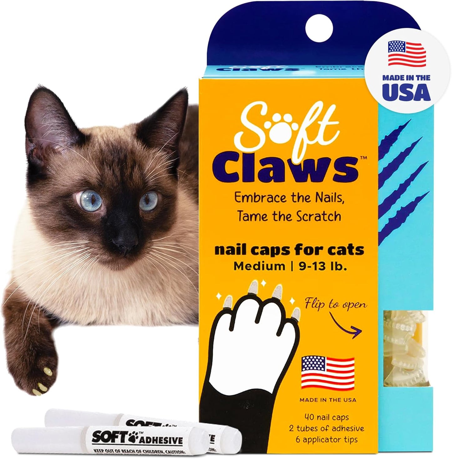 Soft Claws Cat Nail Caps for Medium Cats – (40 Caps, Clear) - Made in USA - Veterinarian-Developed | Protects Furniture & Skin - Easy to Apply, Long-Lasting Anti-Scratch Soft Cat Claw Covers