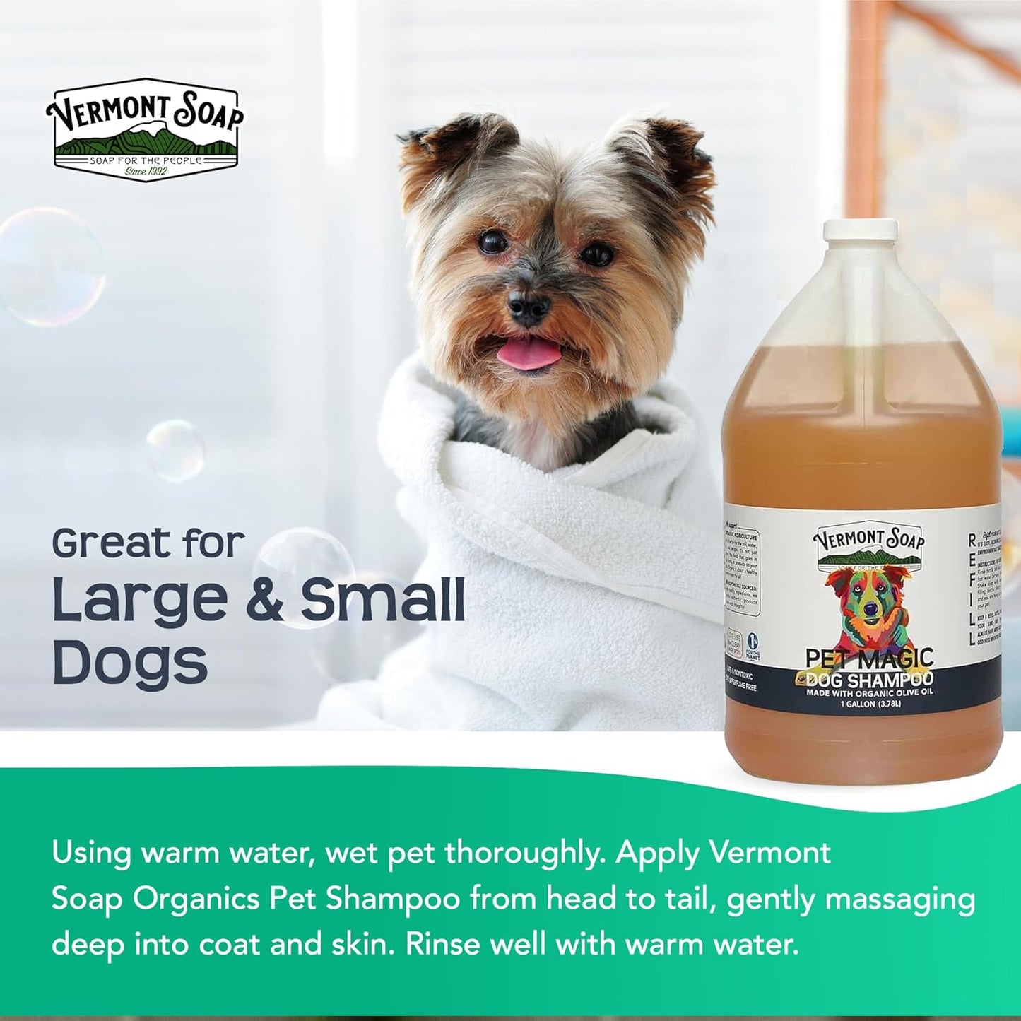 Vermont Soap Organics Pet Shampoo - Organic & Natural Olive Oil, Coconut & Aloe Vera Dog Shampoo for Sensitive Skin - USDA Certified Grooming Pet Shampoo - Original Citrus (128oz)