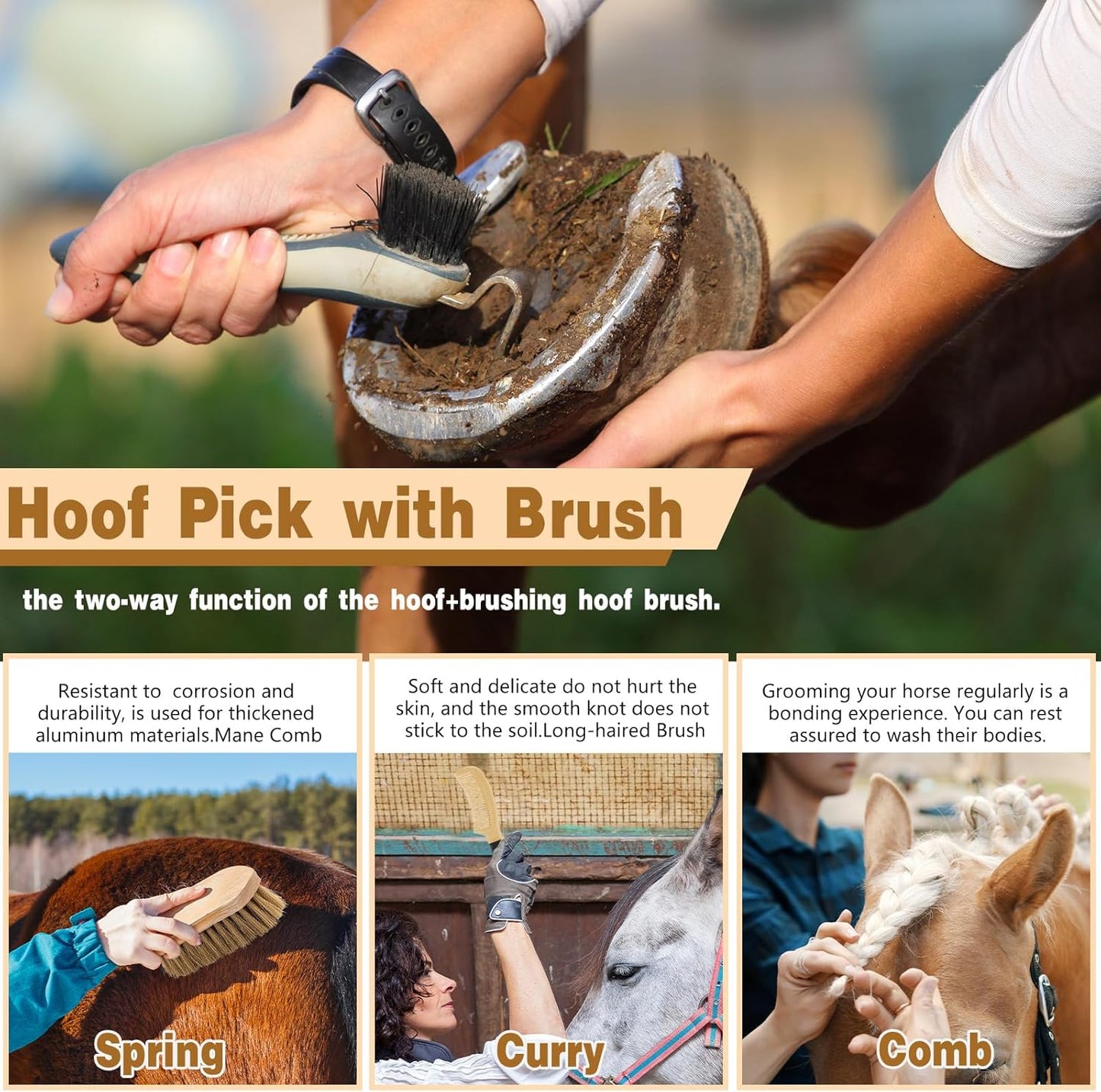 Abbylike 12 Pieces Horse Grooming Kit Racing Festival Tack Room Supplies Horse Brush Sets Equine Care Cleaning Kit Shedding Grooming Massaging Tools(Khaki)