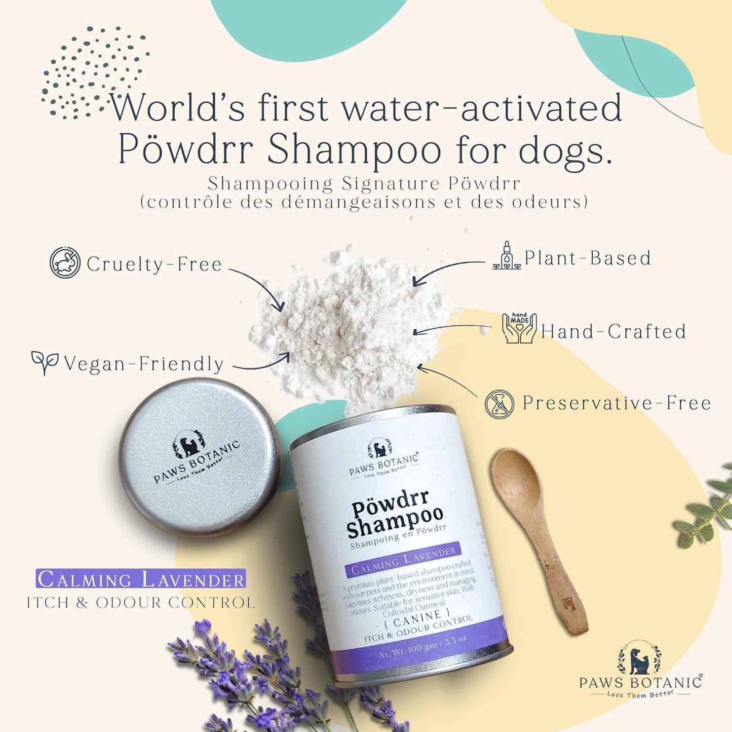 Unscented Dog Dry Shampoo, Powder Shampoo for Dogs, Regular Skin & Coat, 3.5 oz with Bamboo Spoon (Itch & Odour Control)