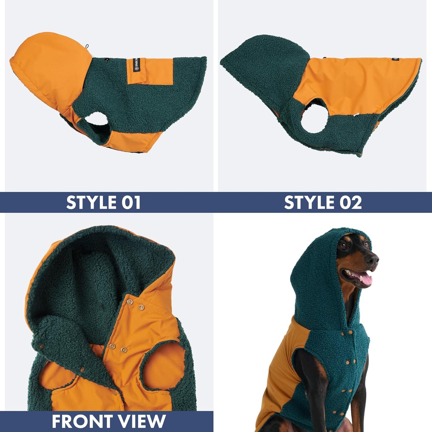 Spark Paws Reversible Dog Sweater, Sherpa Jacket Vest with Warm Fleece Lining, Warm Coat for Winter, Suitable for Small Medium, Large, XL XXL Dogs - Orange and Green - 3XL