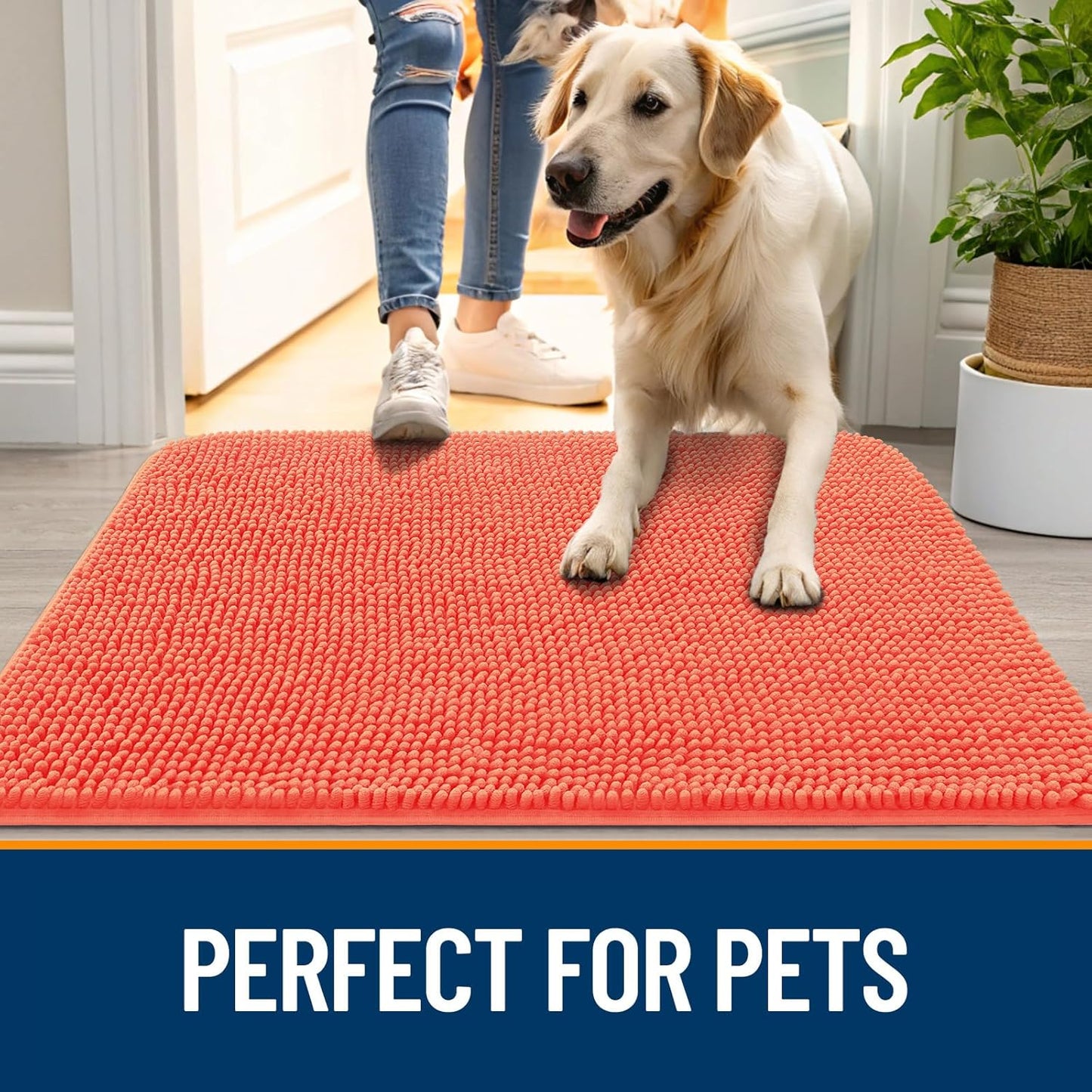 OLANLY Dog Door Mat for Muddy Paws 36x24, Absorbs Moisture and Dirt, Absorbent Non-Slip Washable Doormat, Quick Dry Chenille Mud Mat for Dogs, Entry Indoor Entryway Carpet for Inside Floor, Coral