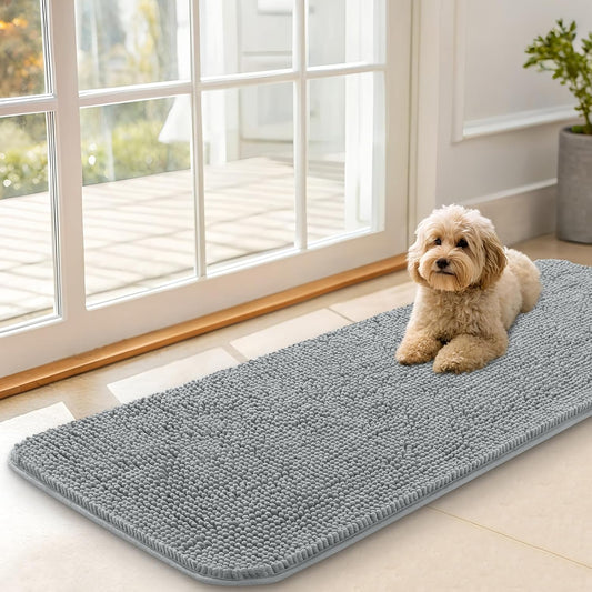 OLANLY Dog Door Mat for Muddy Paws 47x17, Absorbs Moisture and Dirt, Absorbent Non-Slip Washable Doormat, Quick Dry Chenille Mud Mat for Dogs, Entry Indoor Entryway Carpet for Inside Floor, Grey