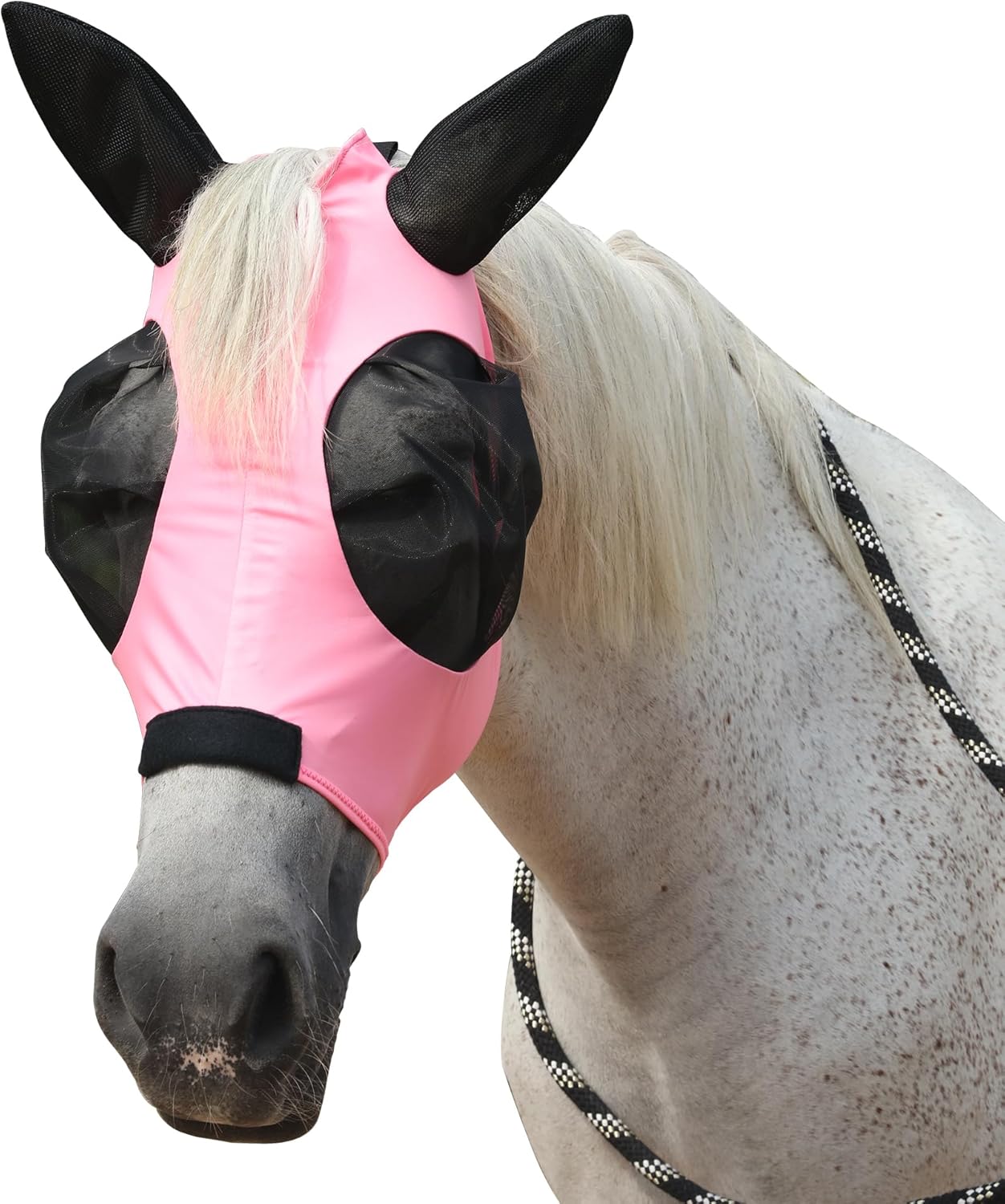 Horse Fly Mask with Ears - Large Eye Space for Full Vision, Breathable Stretch Comfort Fit, UV Protection, Forelock Opening, Easy Pull-On Pink Full
