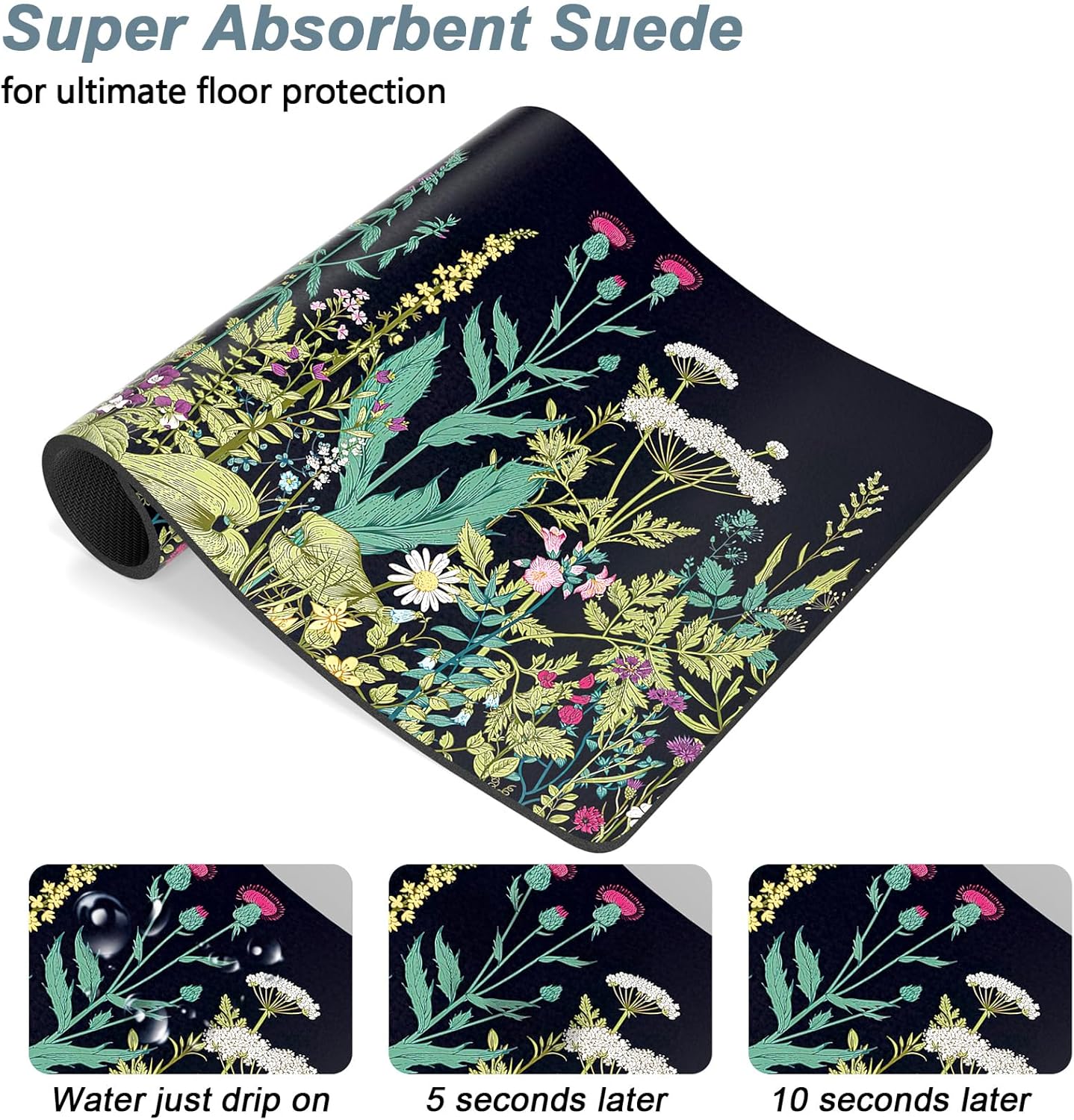 Rnivvi Dog Food Mat, 12" x 19" Flower Absorbent Dog Cat Bowl Mat for Food and Water, Cute Anti-Slip Rubber Pet Feeding Rug Protect Floors, Puppy Placemat for Feeding & Watering Supplies,Black Floral