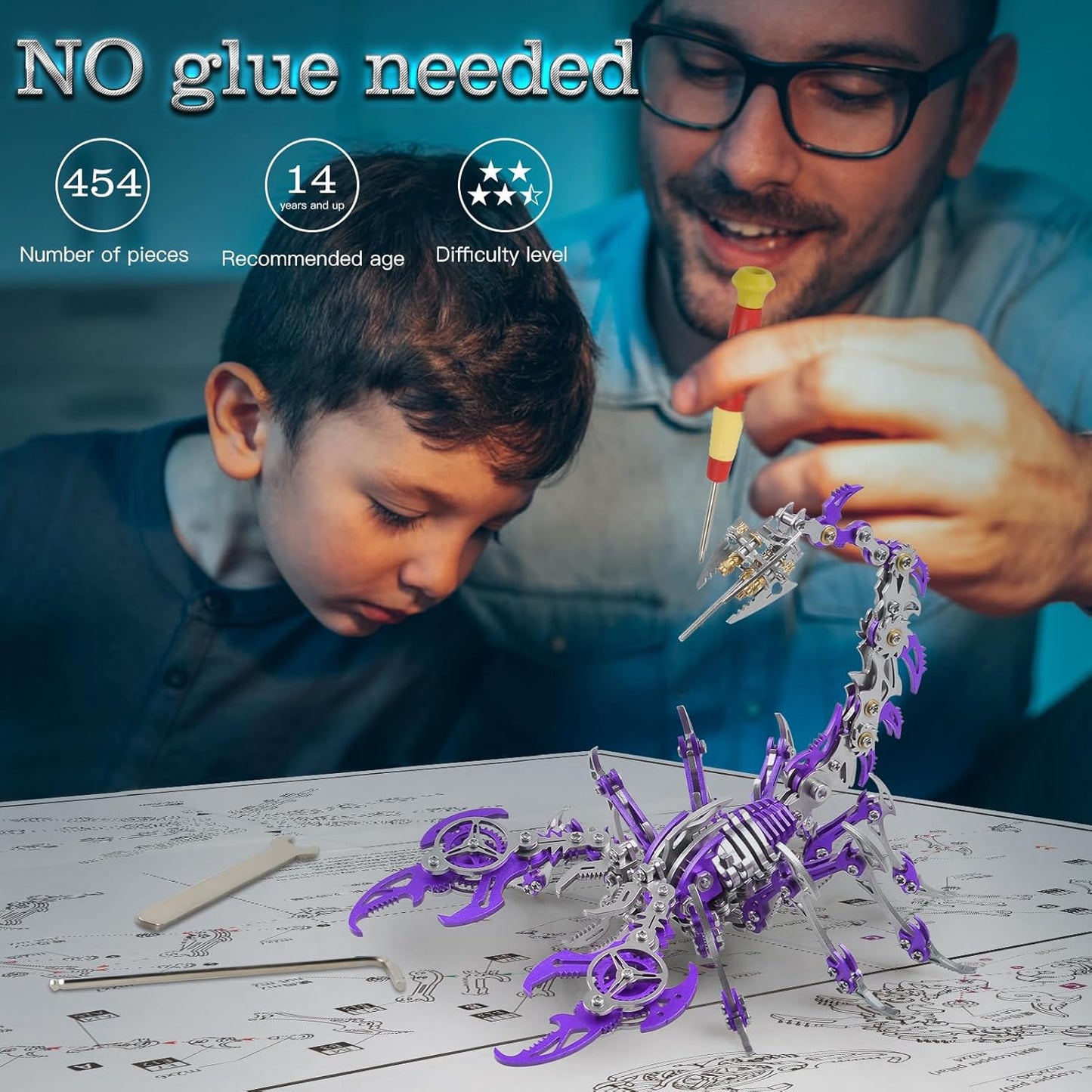 Scorpion 3D Metal Puzzles Kits for Adults Teens – 454 Pcs – Mechanical Assembly Models – 4 Hours to Build – Ideal for Gifts and Decorations (Purple)